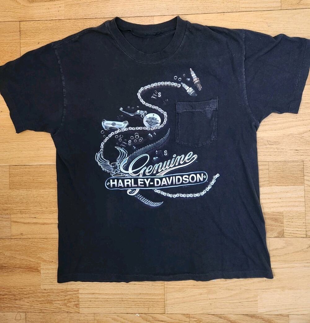 Vintage 1995 Harley Davidson Pocket Tshirt Sz Large Chain & Spark Plugs Biker AZ
